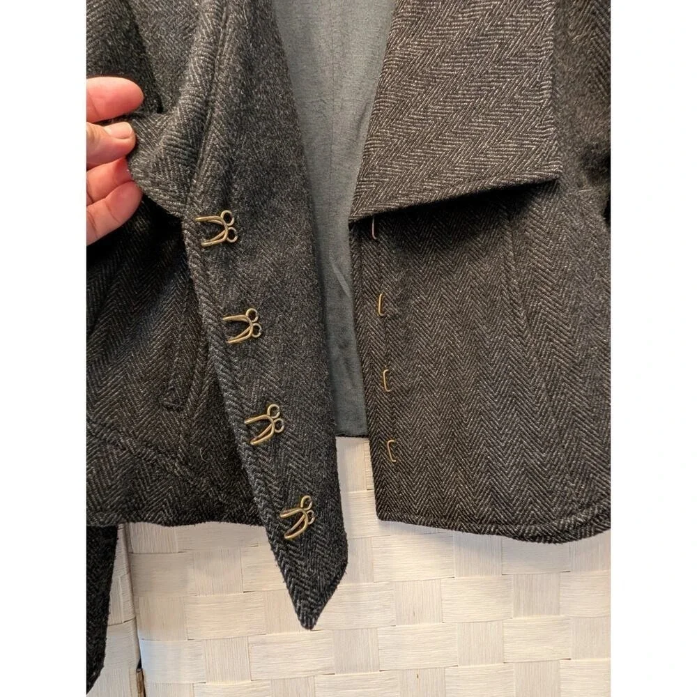 Free People Charcoal Herringbone Wool Blend Puff‎ Shoulder Blazer Jacket Gray